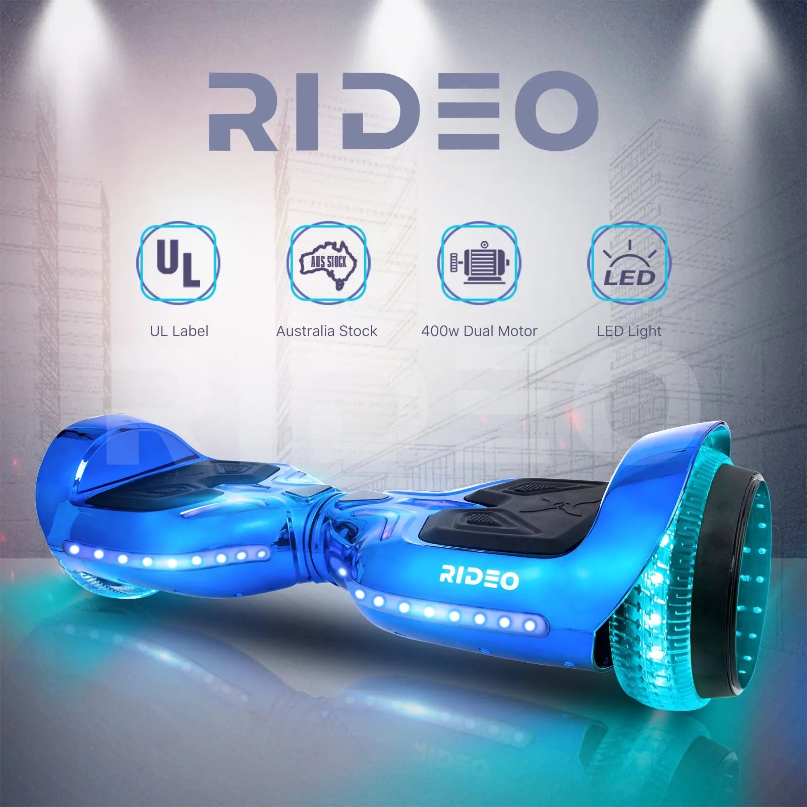 Chrome blue hoverboard placed against an industrial backdrop highlighting features like dual motors, UL certification, and LED lights in promotional format.