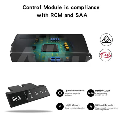 A close-up of the desk’s control module highlighting its compliance with RCM and SAA standards. The image shows the electronic components inside the module and a black control panel with numeric display and buttons.