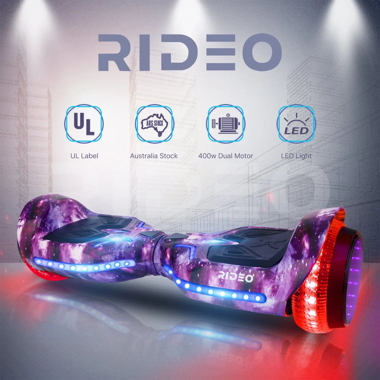  blue hoverboard placed against an industrial backdrop highlighting features like dual motors, UL certification, and LED lights in promotional format.