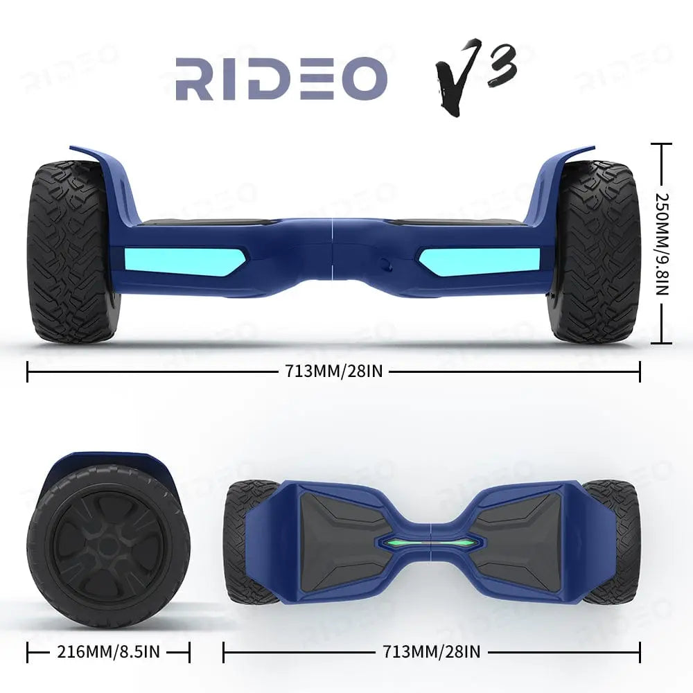 Technical specifications and dimensions of the Rideo V3 hoverboard, displaying its compact and sleek design for easy portability and maneuverability.