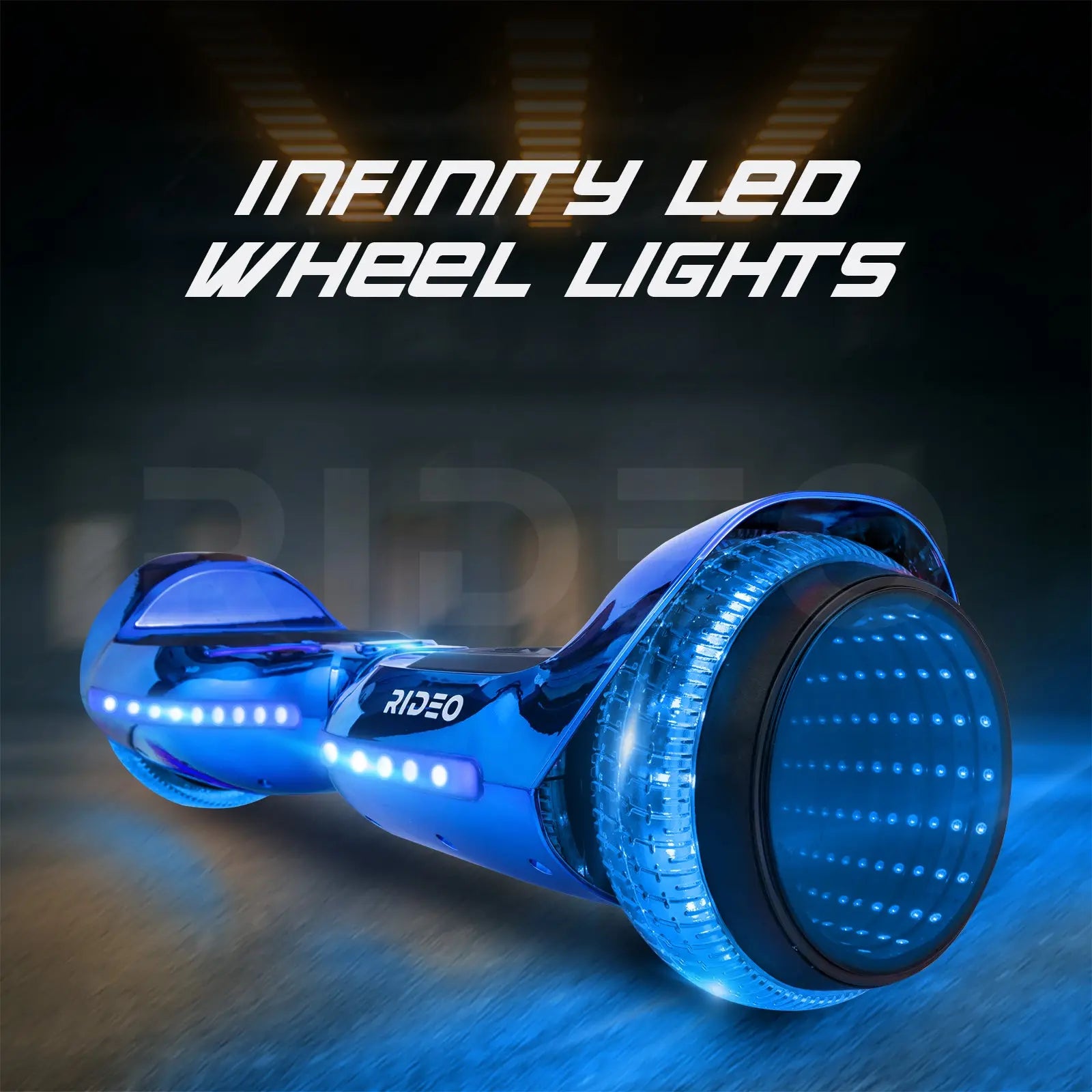 Dramatic image of a chrome blue hoverboard, emphasizing the infinity LED wheel lights with text overlay describing the lighting feature.