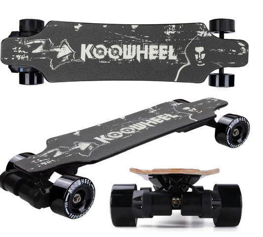 A graphic of a Koowheel electric skateboard from above and side views, displaying a distressed black and white design with the Koowheel logo prominently featured on its grip surface. The skateboard is equipped with black, robust wheels and trucks, indicating its readiness for all-terrain use.