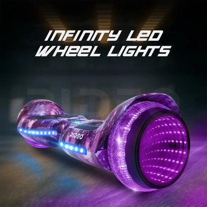 Dramatic image of a  blue hoverboard, emphasizing the infinity LED wheel lights with text overlay describing the lighting feature.