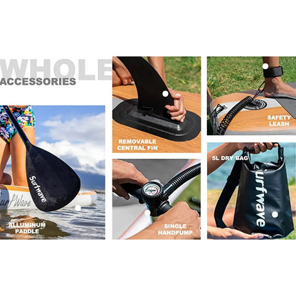 Accessory Highlights: An image showcasing all the accessories provided with the SurfWave paddleboard, such as the safety leash, paddle, hand pump, and dry bag.