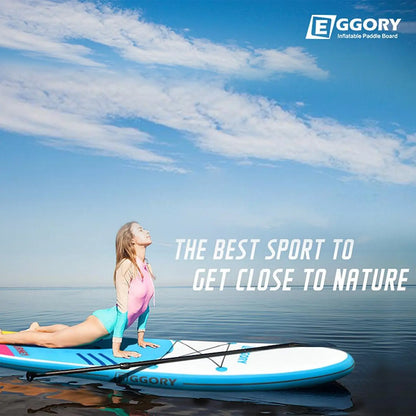  2: "A woman practicing yoga on a paddle board in calm waters with a caption 'The Best Sport to Get Close to Nature'."