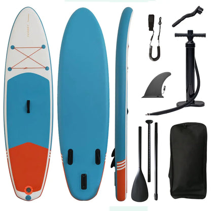  1: "Inflatable SUP board laid flat showing top and bottom views with accessories like paddle, pump, fin, and safety leash displayed alongside."