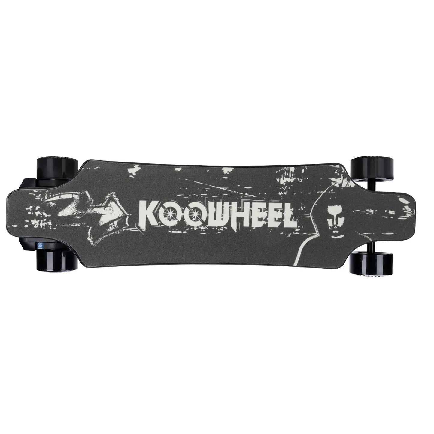 Top-down and side view of a Koowheel electric skateboard set against a white background, focusing on the skateboard’s artistic graphics and functional design with a clear view of the wheel and axle assembly.