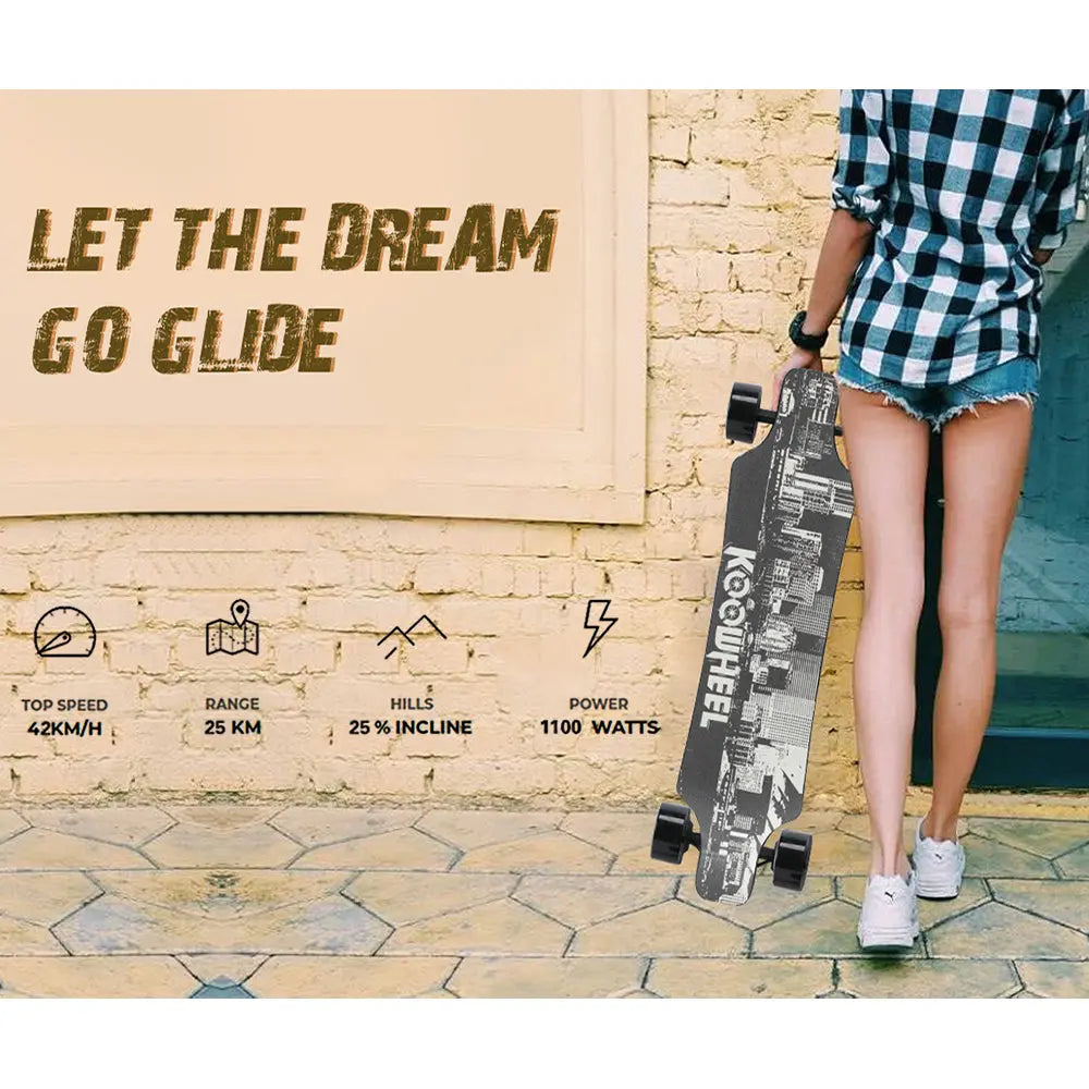 Lifestyle Image with Skateboard: Image featuring a woman with the Koowheel Electric Skateboard against an urban background, with text "Let the dream go glide."