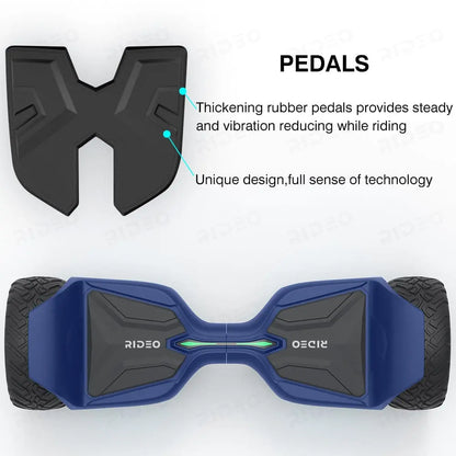 Image of the thick rubber pedals of the Rideo hoverboard, emphasizing the unique design and technology that provide a stable and comfortable ride by reducing vibration.