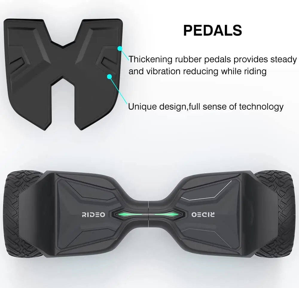 Image of the thick rubber pedals on the Rideo hoverboard, designed for reduced vibration and enhanced grip, ensuring a comfortable and stable ride.