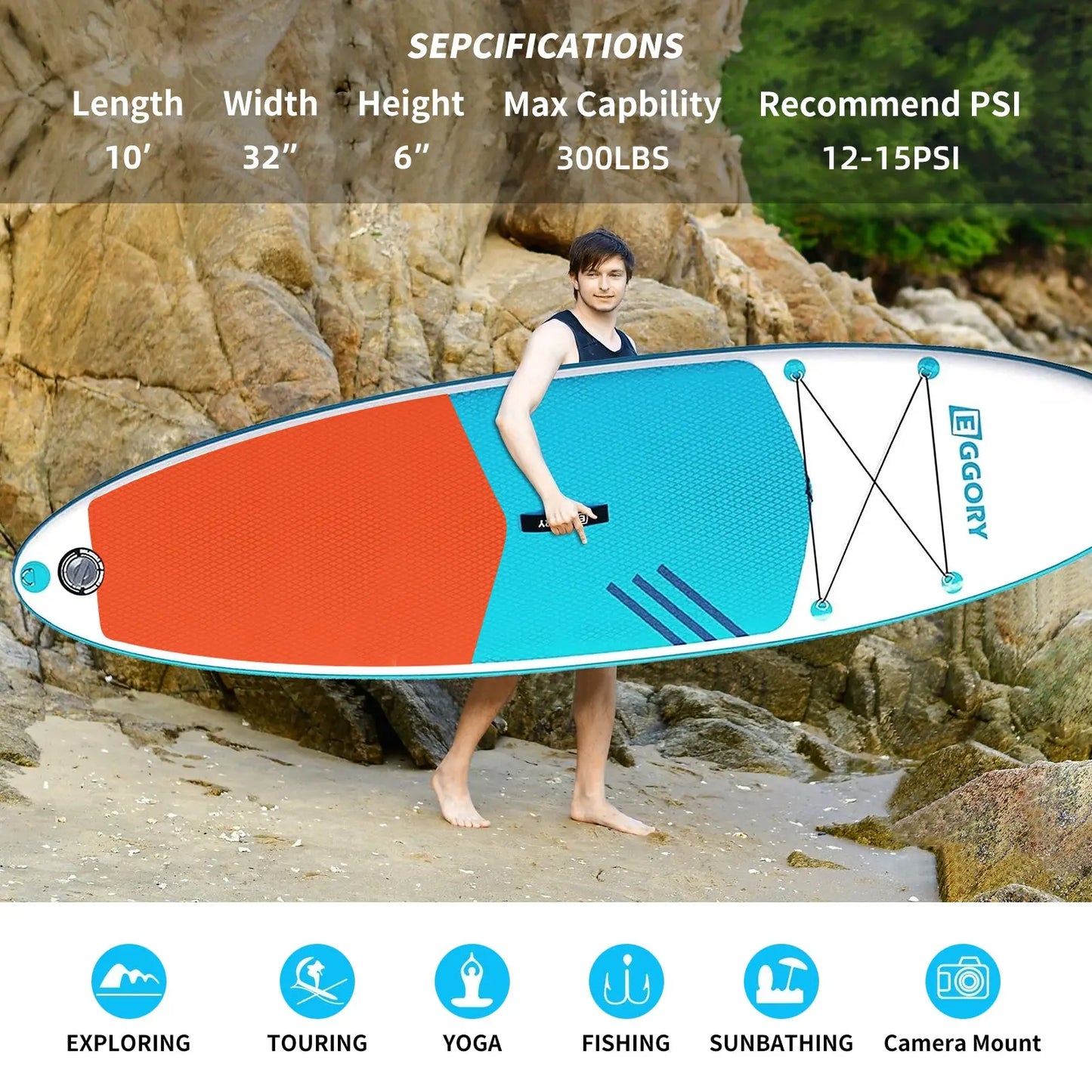  6: "A man standing beside a paddle board on the beach, illustrating board dimensions and recommended activities like exploring and yoga."