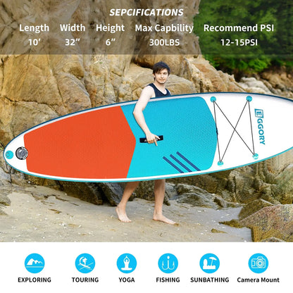  6: "A man standing beside a paddle board on the beach, illustrating board dimensions and recommended activities like exploring and yoga."