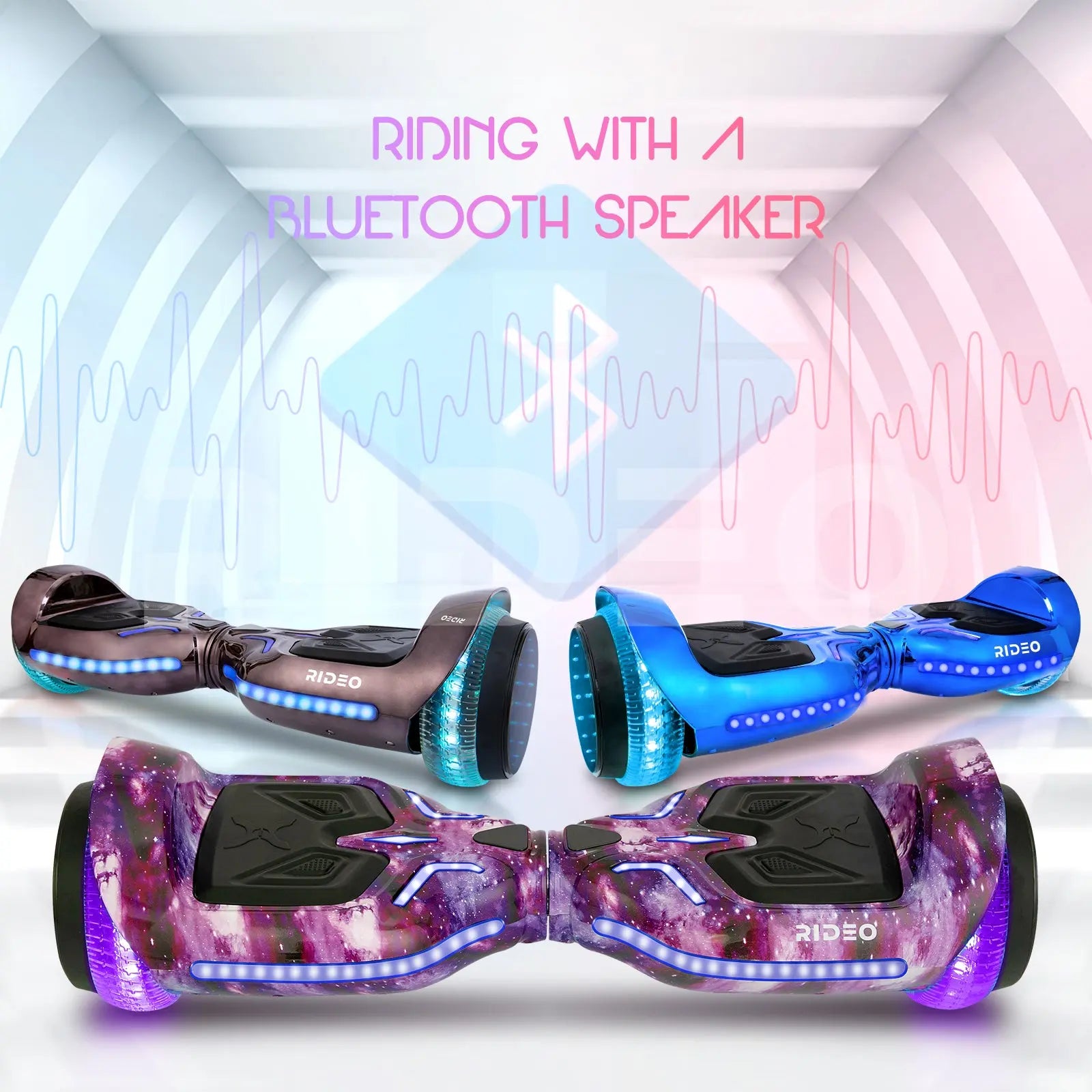 Hoverboard in a range of designs including galaxy patterns and  colors, equipped with Bluetooth speakers, showcased with sound wave graphics.