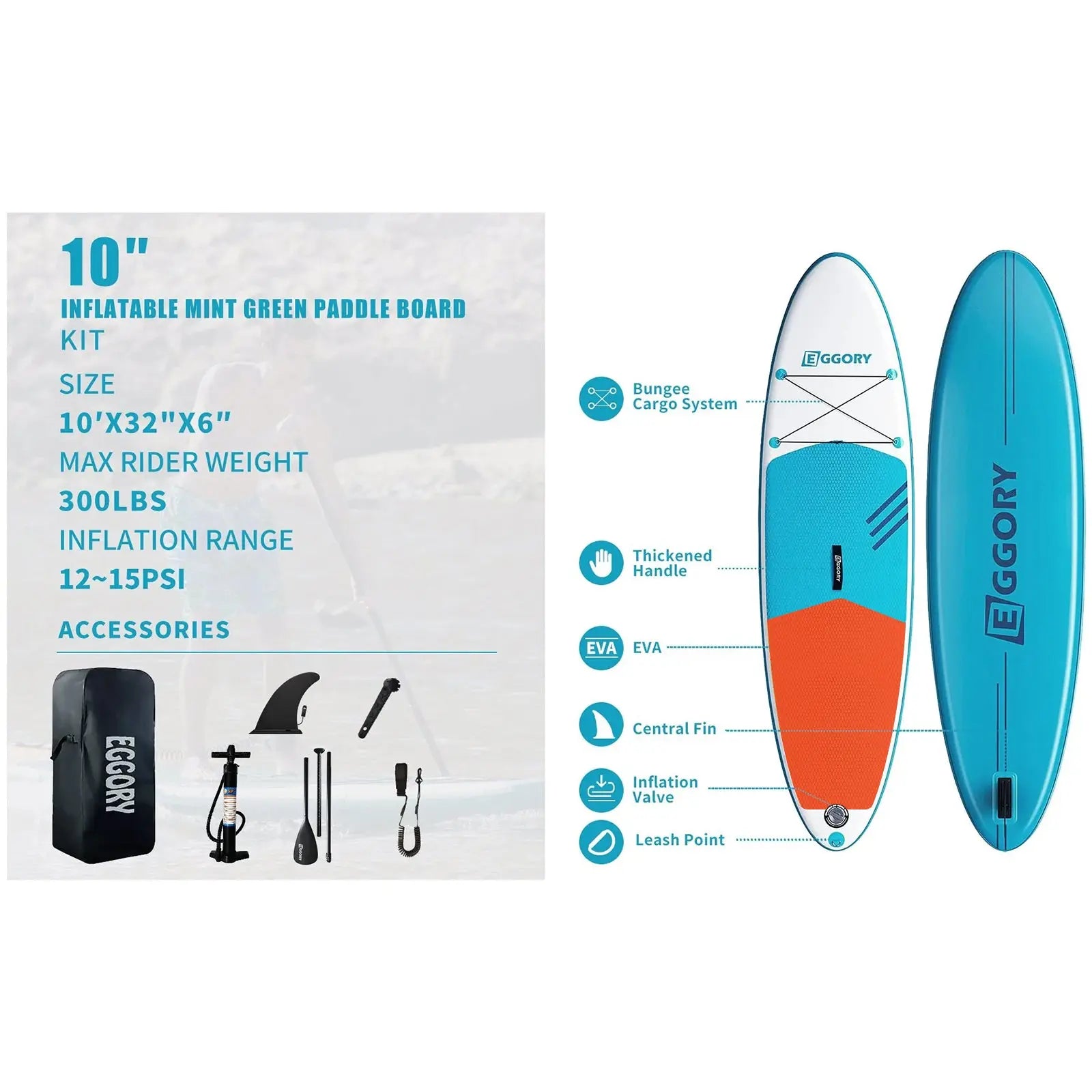  8: "Kit contents for an inflatable mint green paddle board including size, weight limit, inflation range, and accessories."