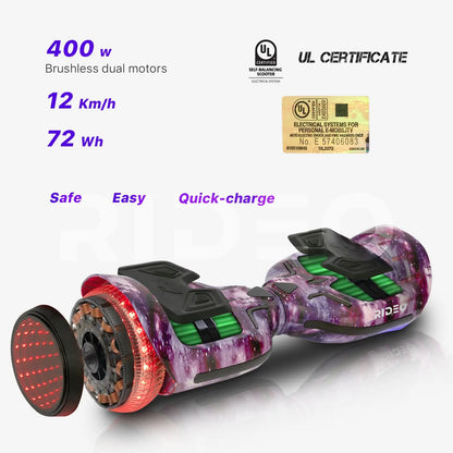 Informational image featuring the RIDEO hoverboard in  GALAXY with specifications like 400w brushless motors, speed, and battery life highlighted alongside safety and efficiency symbols.