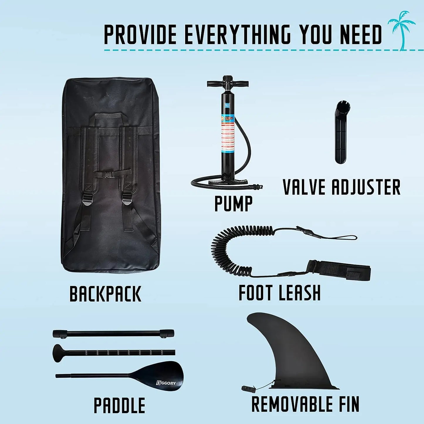  10: "Complete paddle board setup with labeled parts such as the paddle, pump, backpack, foot leash, and removable fin."