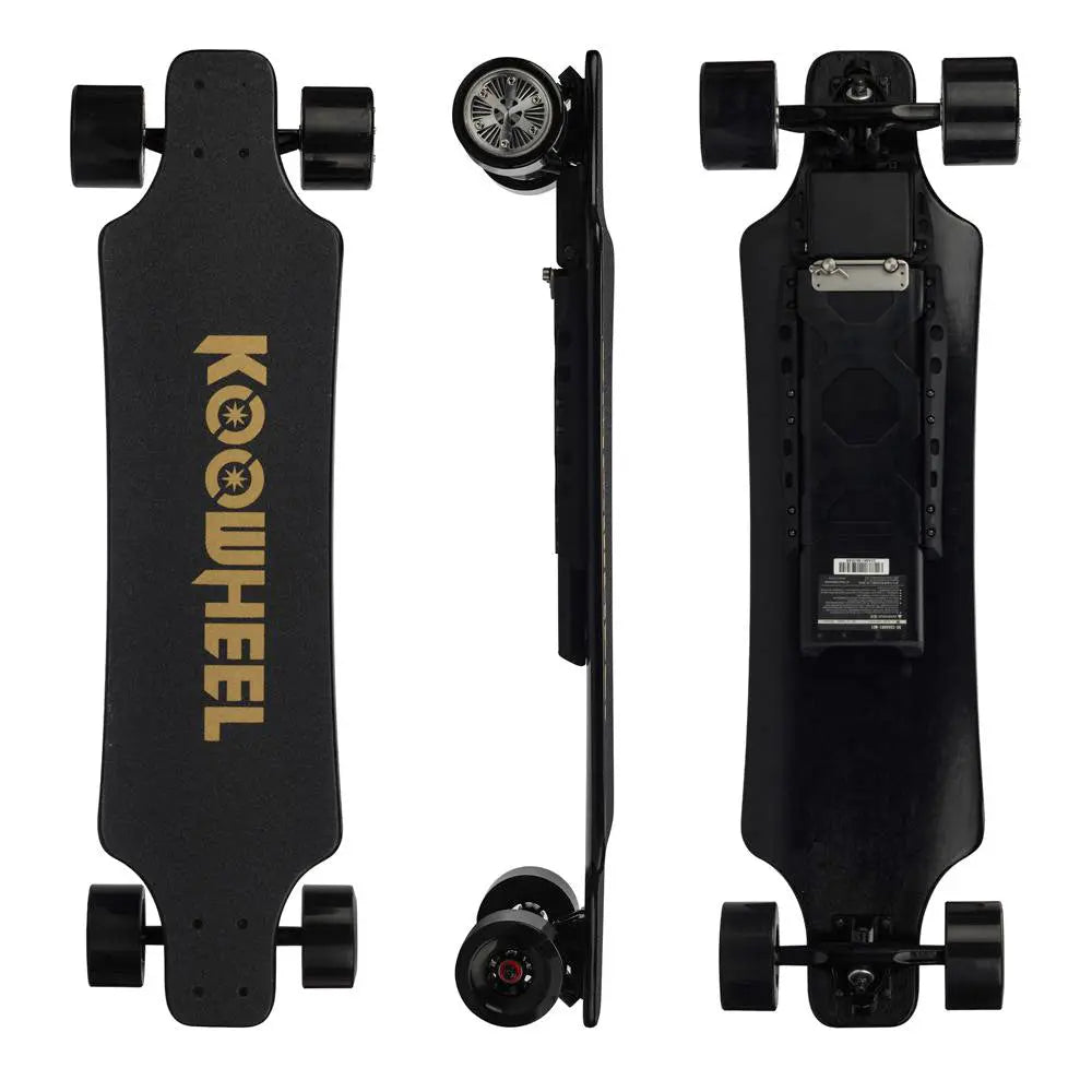 Koowheel longboard with details: Detailed views of a Koowheel longboard from different angles showing the sleek black design and technical specifications.