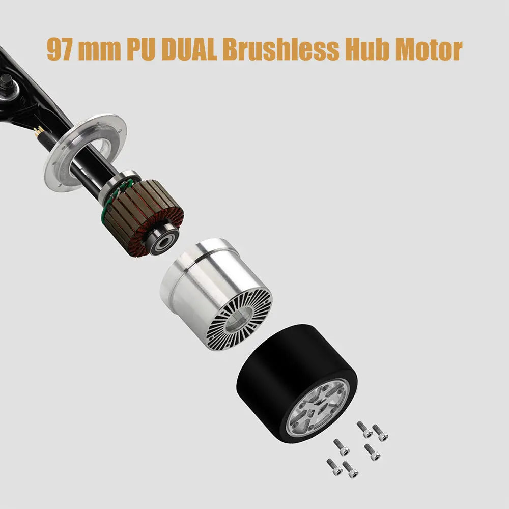 Motor and Wheel Components: Detailed image showing the 97 mm PU dual brushless hub motor components of the Koowheel Electric Skateboard.