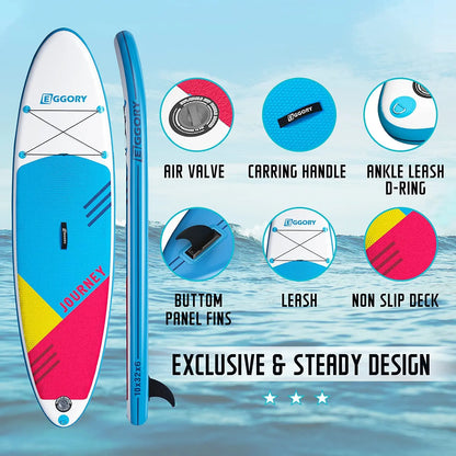  5: "Overview of paddle board design showing air valve, carrying handle, ankle leash D-ring, and non-slip deck."