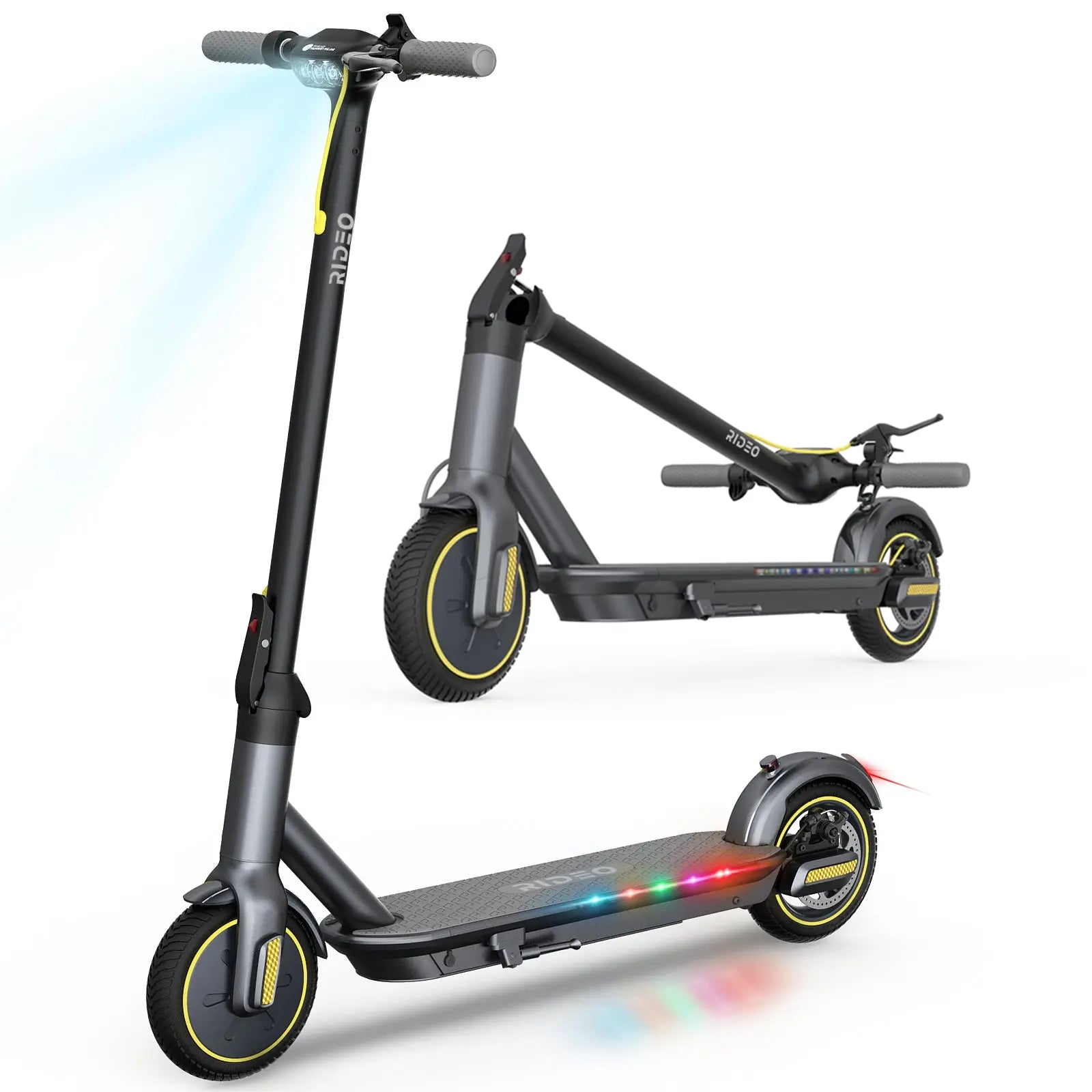 Sleek black electric scooter with yellow accents, foldable design displayed in upright and folded positions, emphasizing its portability and stylish appearance.