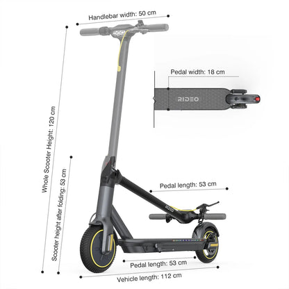 This image provides a detailed dimensional overview of the RIDEO Electric Scooter L1-Pro. It shows the scooter in both upright and side views with measurements: the total height when unfolded is 120 cm, the handlebar width is 50 cm, the pedal (deck) length is 53 cm, the pedal width is 18 cm, and the overall vehicle length is 112 cm. These dimensions are clearly labeled, highlighting the compact and ergonomic design of the scooter, which enhances its appeal for urban commuting.