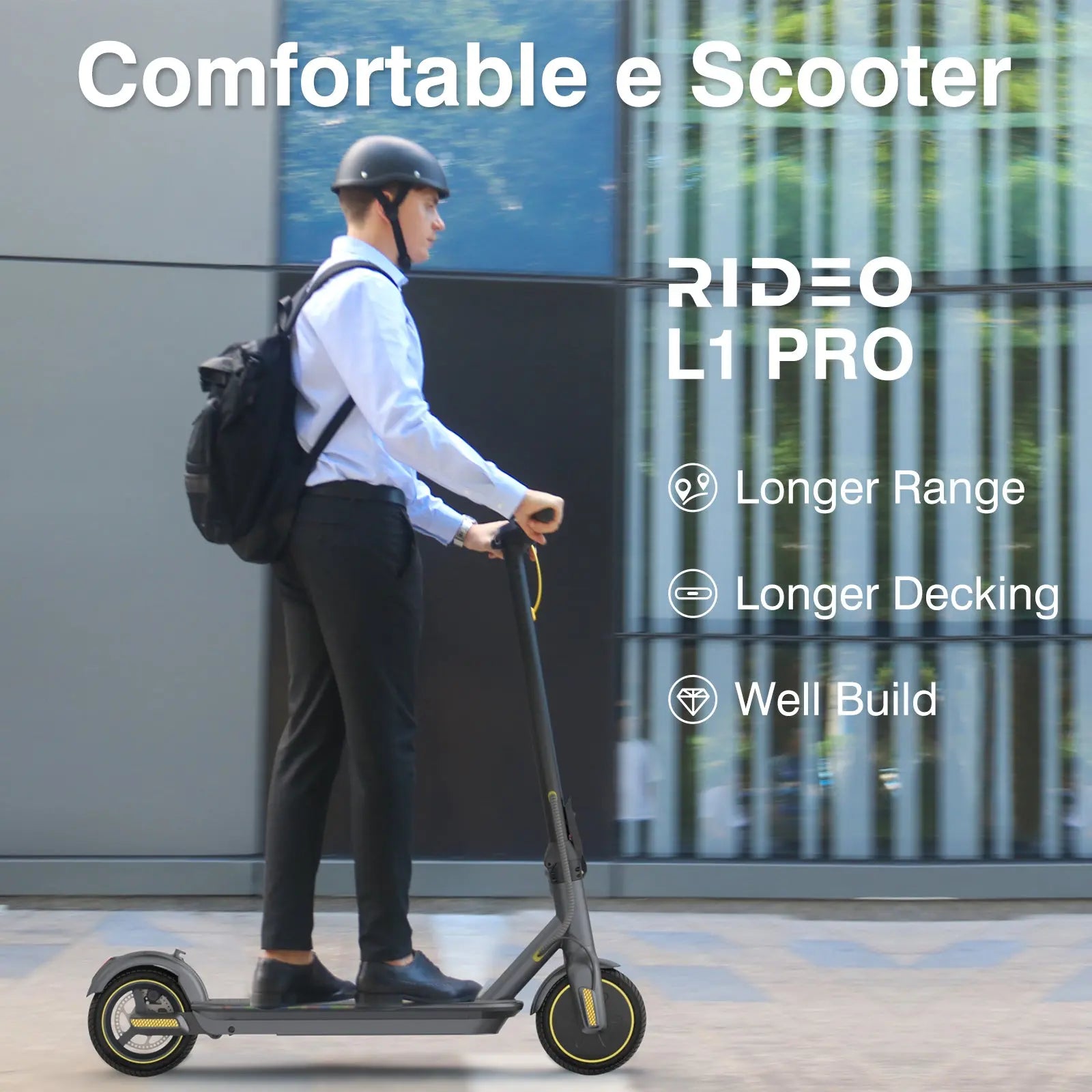 Urban lifestyle image showing a man riding the black and yellow electric scooter, dressed in business attire, emphasizing the scooter's practicality for daily commuting.