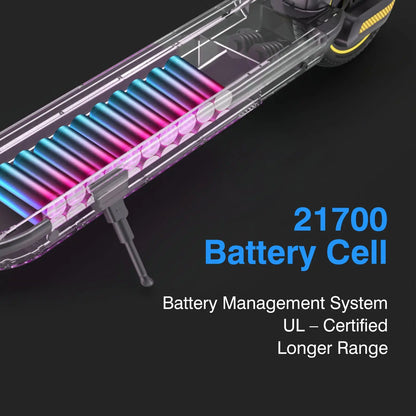 Transparent view of the scooter's internal battery setup featuring multiple 21700 battery cells, highlighting the battery management system and its UL certification for safety.