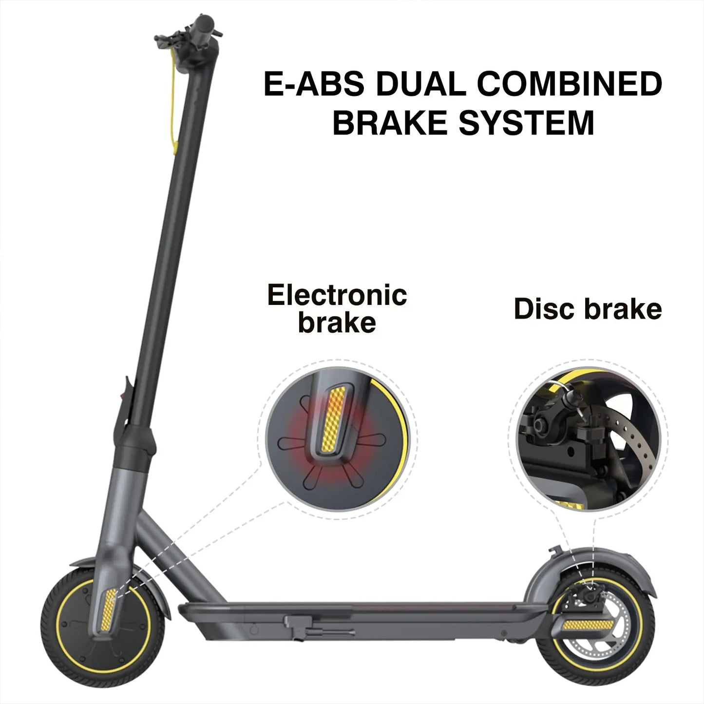 Diagram illustrating the scooter's electronic and disc brake system, detailing the E-ABS dual combined brake system for enhanced safety.