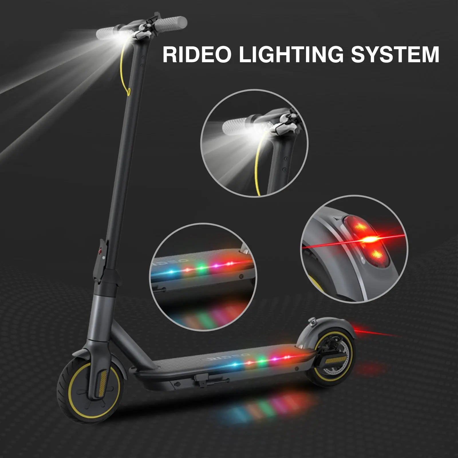 Illumination features of the electric scooter, showcasing the headlight, taillight, and colorful side lights, emphasizing visibility and safety during night riding.