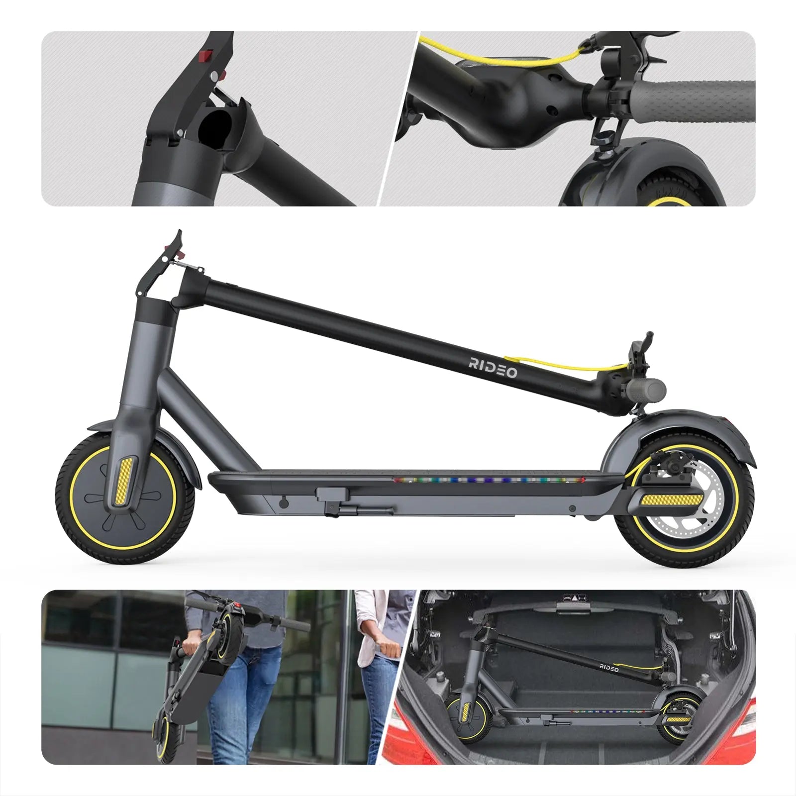 Detailed images of the scooter’s various components and foldability, including a close-up of the throttle and a view of the scooter being loaded into a car trunk, highlighting its compact nature.