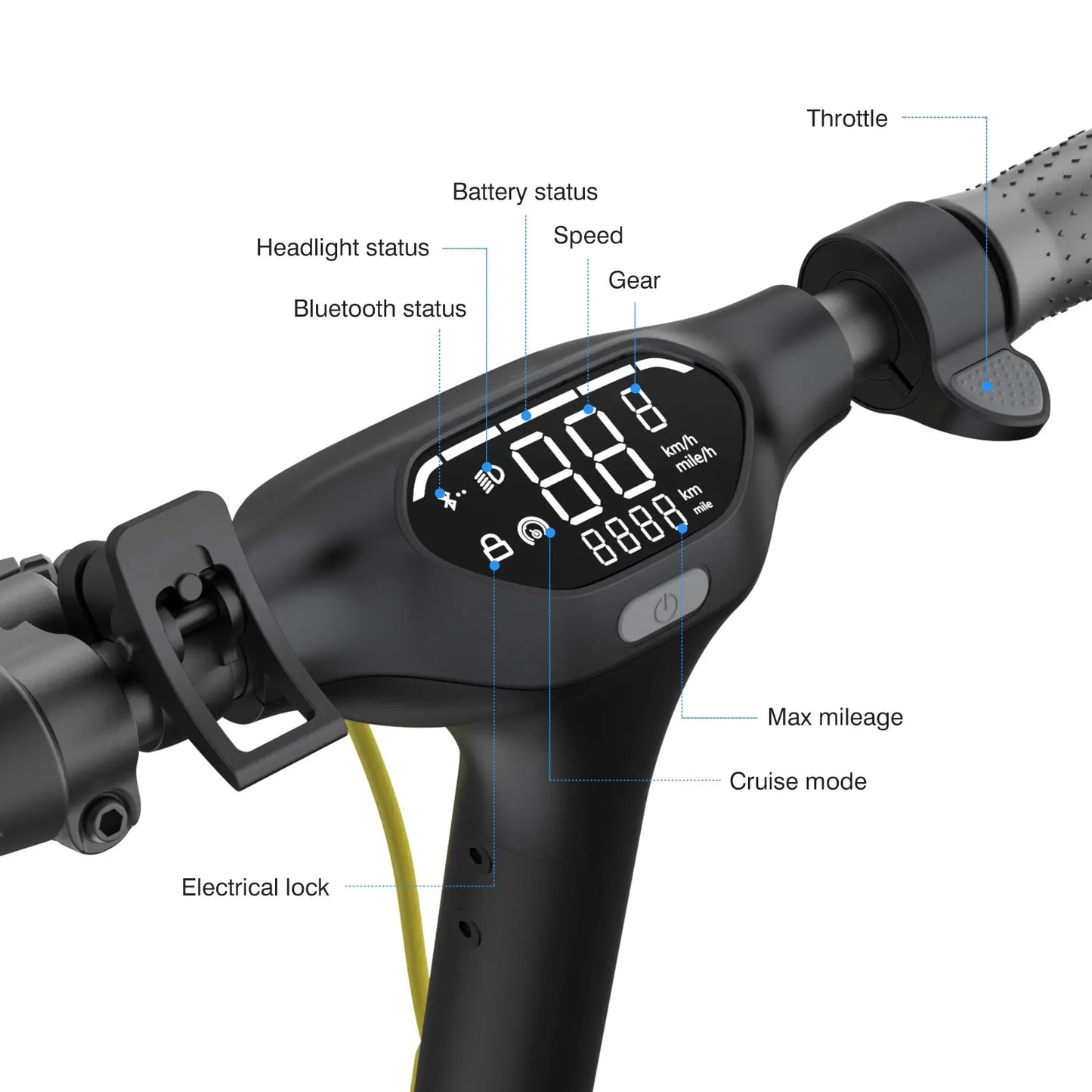 Close-up on the electric scooter’s handlebar display, showing information like battery status, speed, and Bluetooth connectivity, highlighting the scooter’s high-tech features.