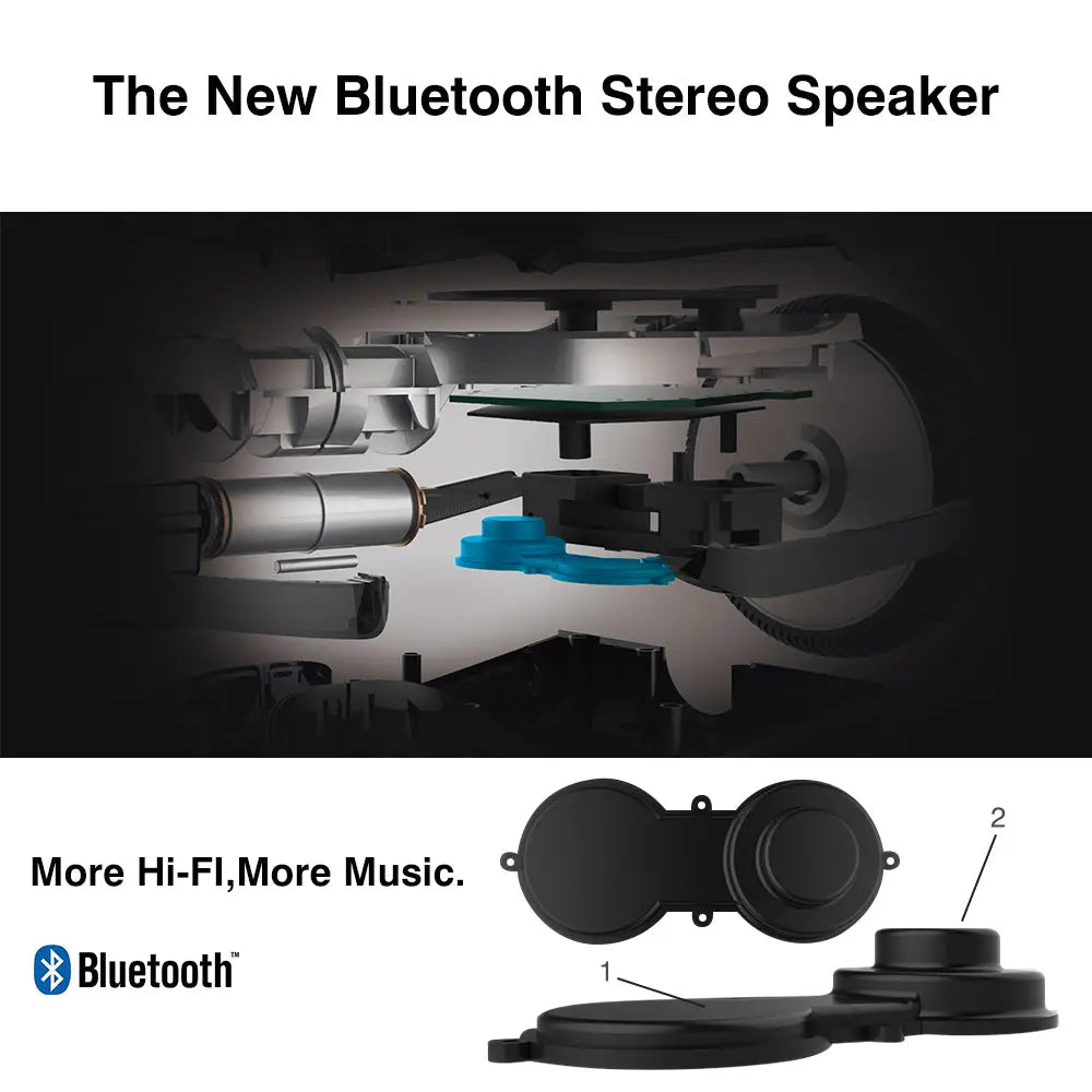 Interior design of a hoverboard displaying an integrated Bluetooth stereo speaker system, illustrating advanced audio technology for an enhanced riding experience.