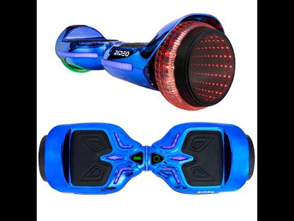 Video thumbnail of a RIDEO hoverboard in chrome blue with red LED wheel lights, visible power button, and battery indicator on the footpad.