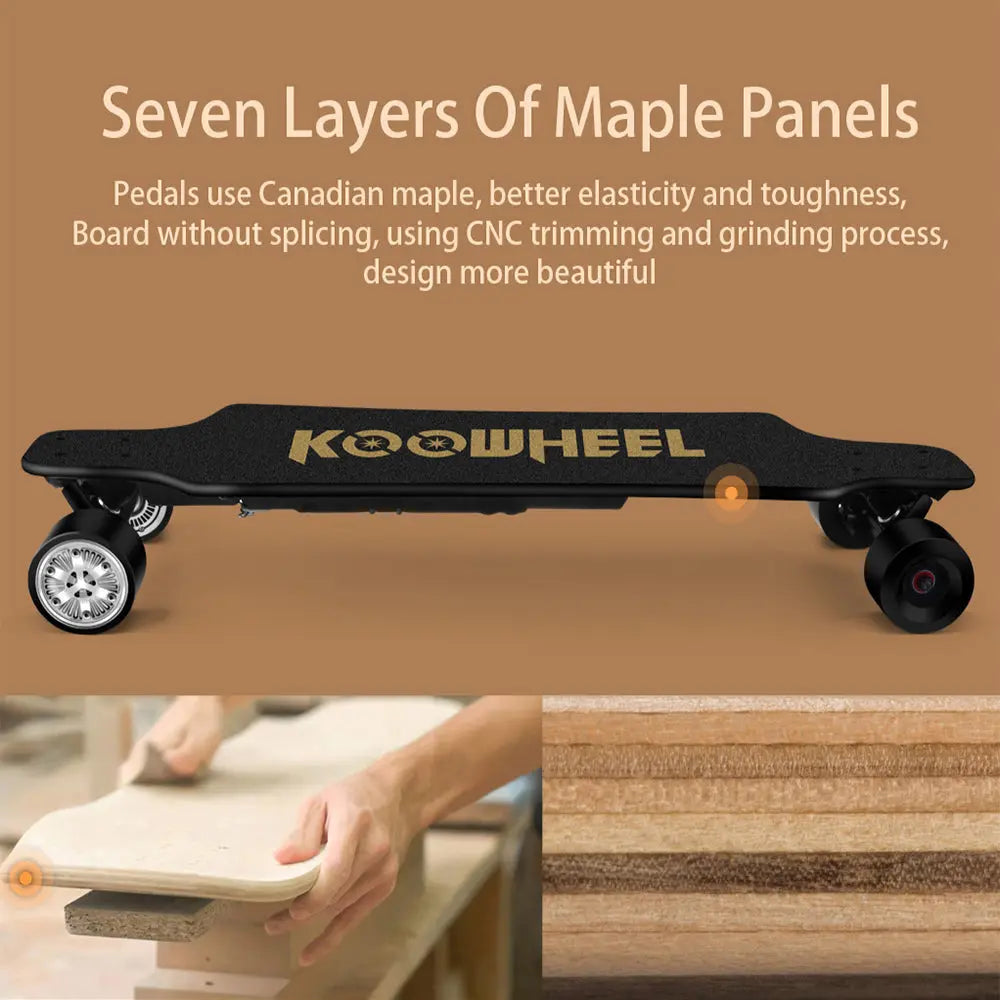 Koowheel longboard construction details: Close-up on the manufacturing process of the Koowheel longboard showing the layers of Canadian Maple wood and the CNC machining process.