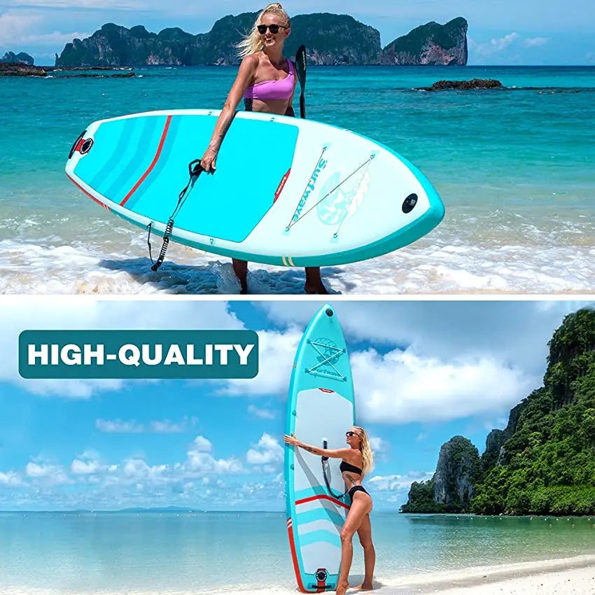 "Woman carrying a blue paddle board on a tropical beach, showcasing the board's light weight and quality."