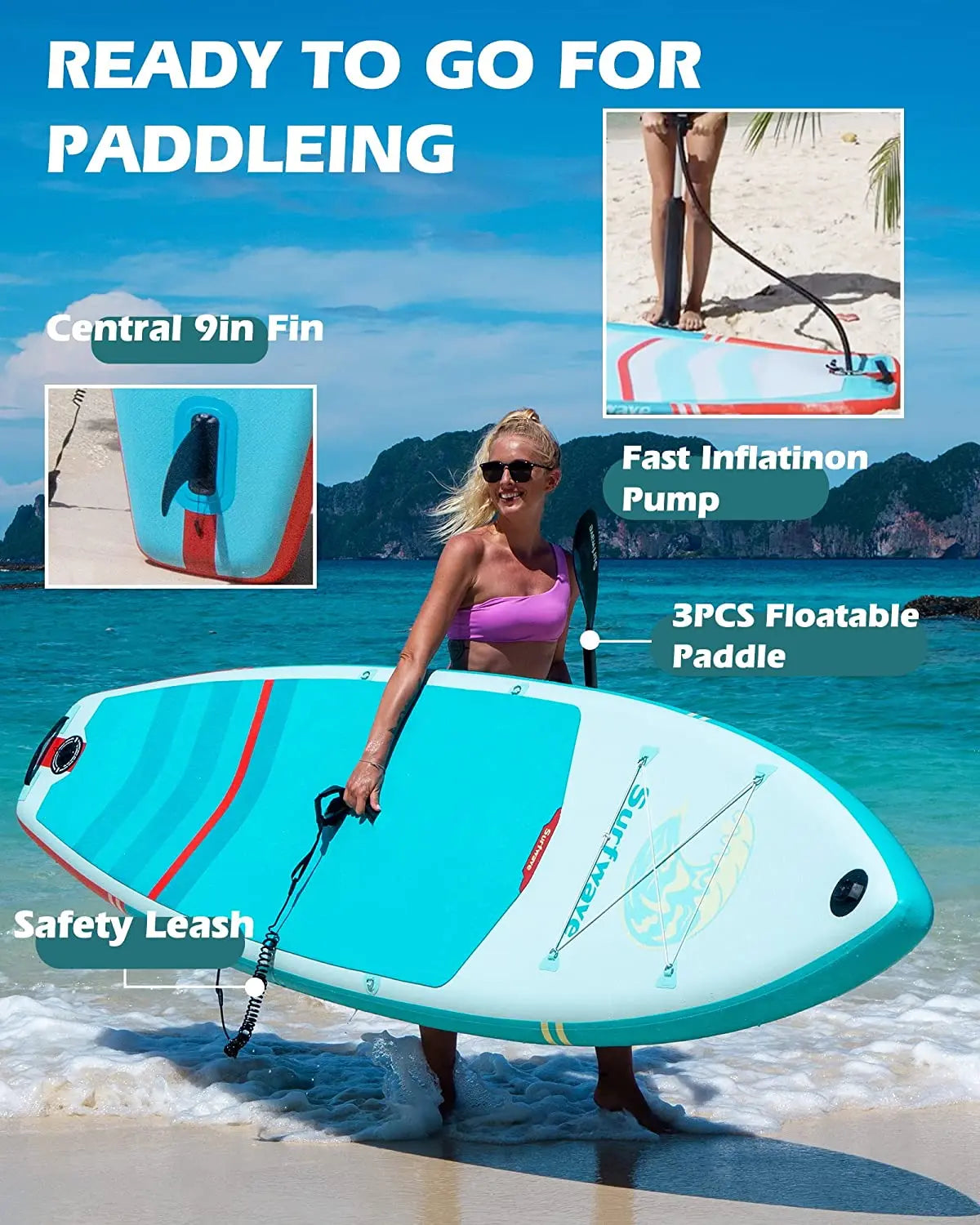 "Collage showing various features of a blue paddle board with a dog, a fast inflation pump, and a grab handle, emphasizing versatility."