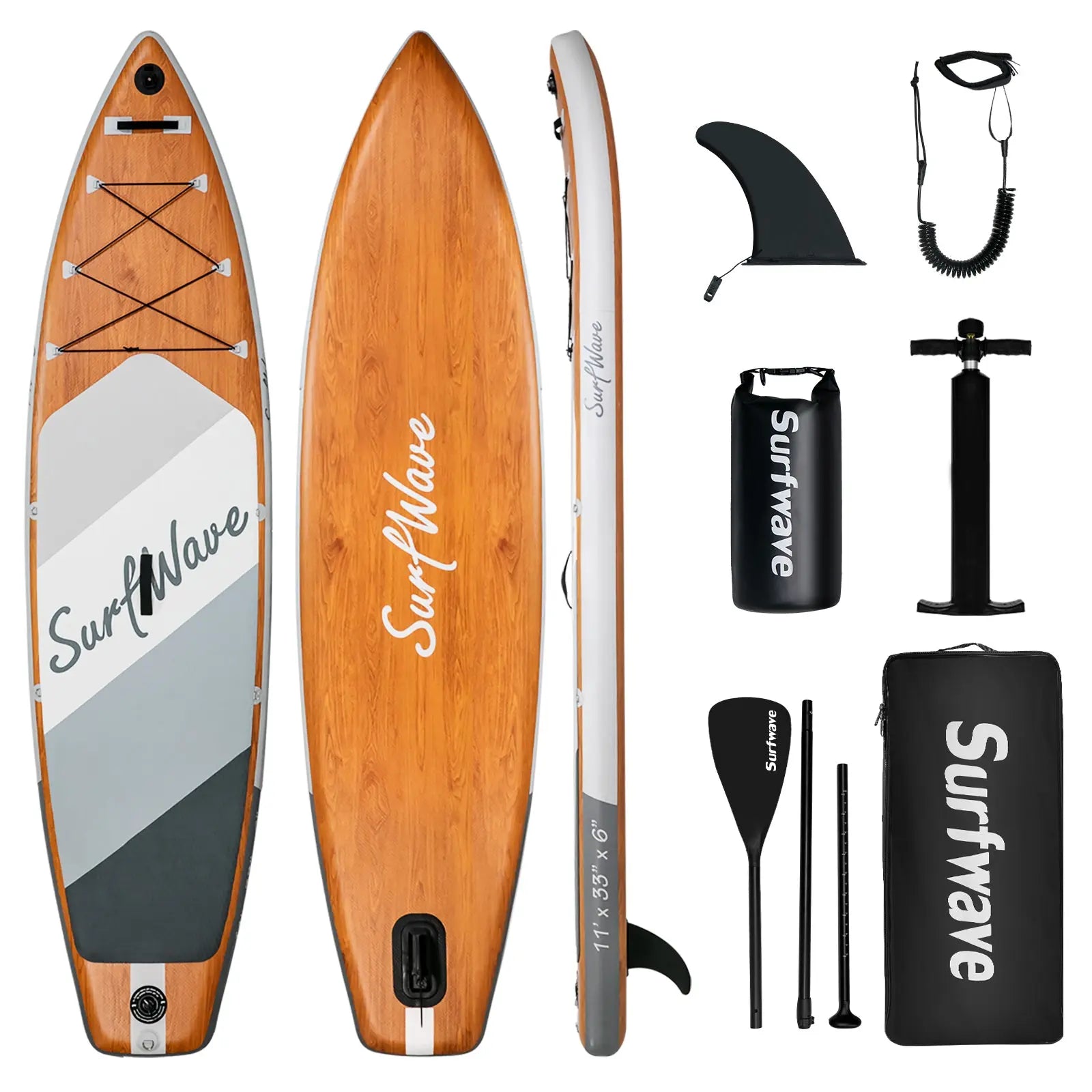 Full SUP Kit Display: Image shows a complete set of stand up paddleboard (SUP) equipment by SurfWave, featuring the board itself with a wood-style design, adjustable paddle, safety leash, detachable fin, hand pump, and a carrying bag.