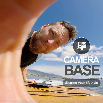 Camera Mount Feature: Image focusing on a man attaching a camera to the SurfWave paddleboard's built-in camera mount, illustrating the board’s capability for recording water adventures.