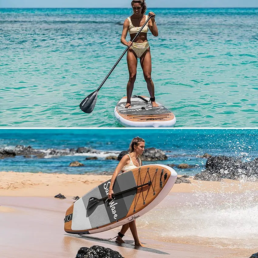 In-Action Paddleboarding: Two images capturing a woman actively paddleboarding on clear blue waters using a SurfWave board, highlighting the stability and performance of the board in ocean conditions.